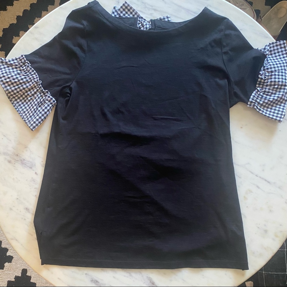 Talbots Petite Small Black Top with Gingham Trim